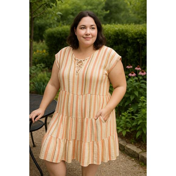 Lane Bryant Striped front lace up knee length tiered dress 100% cotton size 16 - Picture 1 of 8